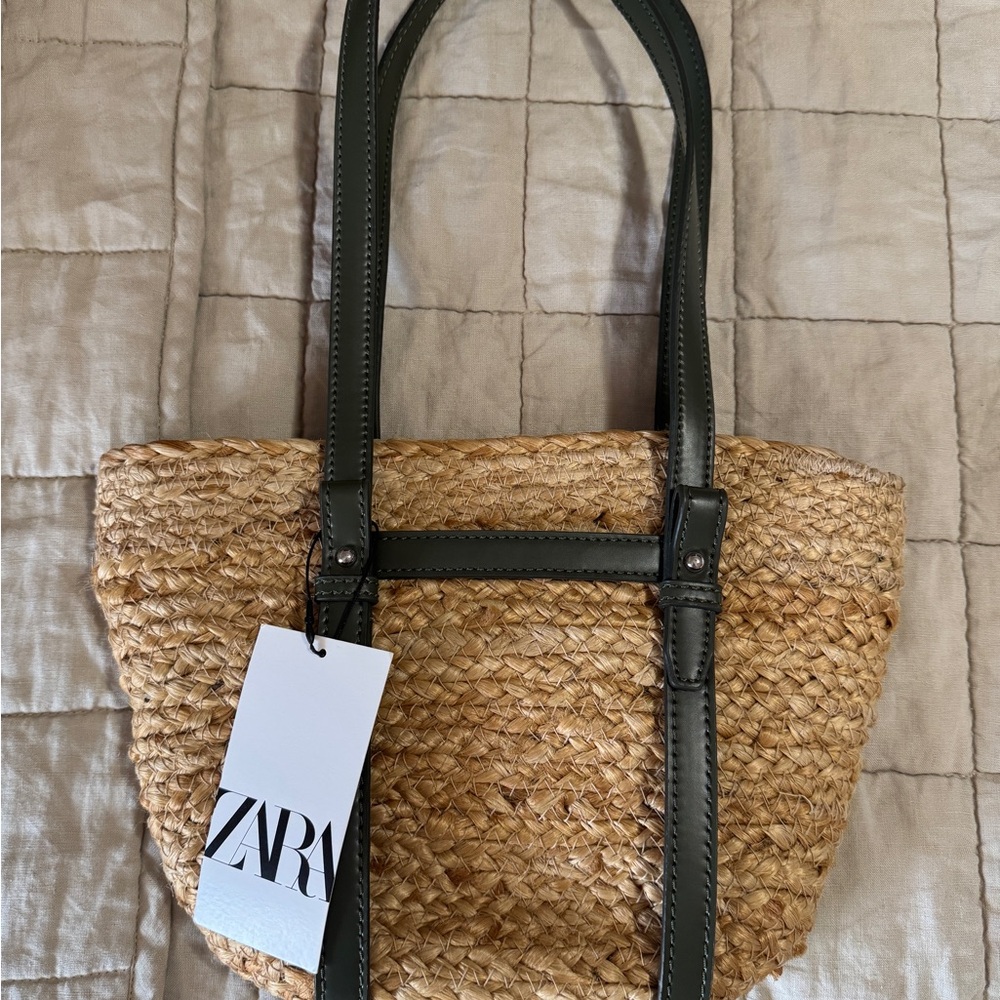Zara Woven Tote with Green Straps